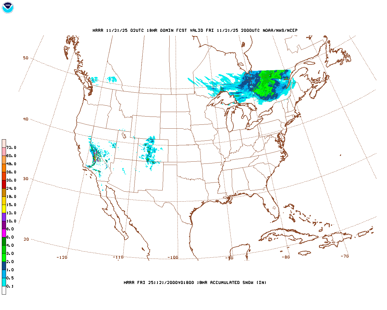 Click to enlarge the hourly snow forecast Latest 18 hour total precipitation forecast