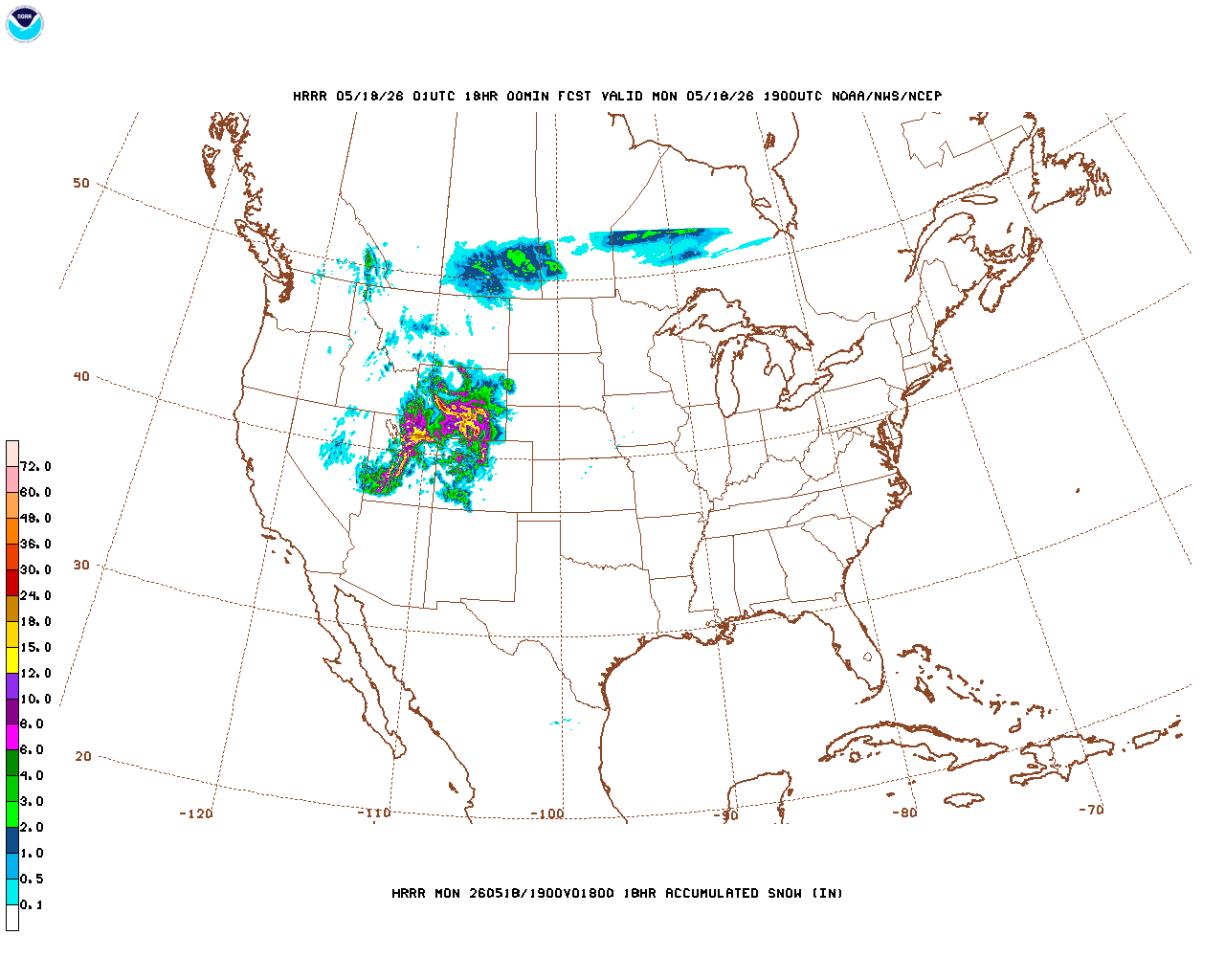 Click to enlarge the hourly snow forecast Latest 18 hour total precipitation forecast