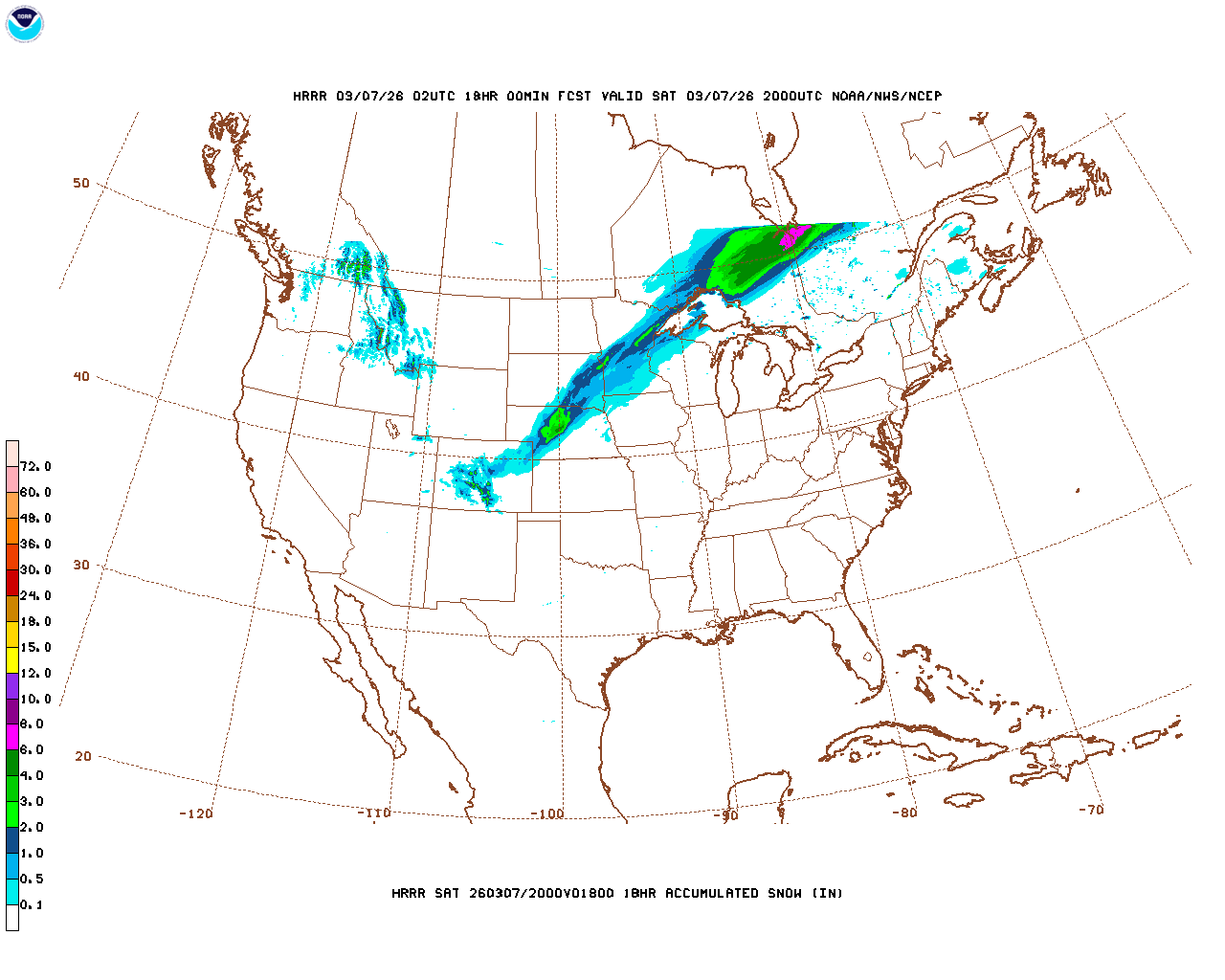 Click to enlarge the hourly snow forecast Latest 18 hour total precipitation forecast