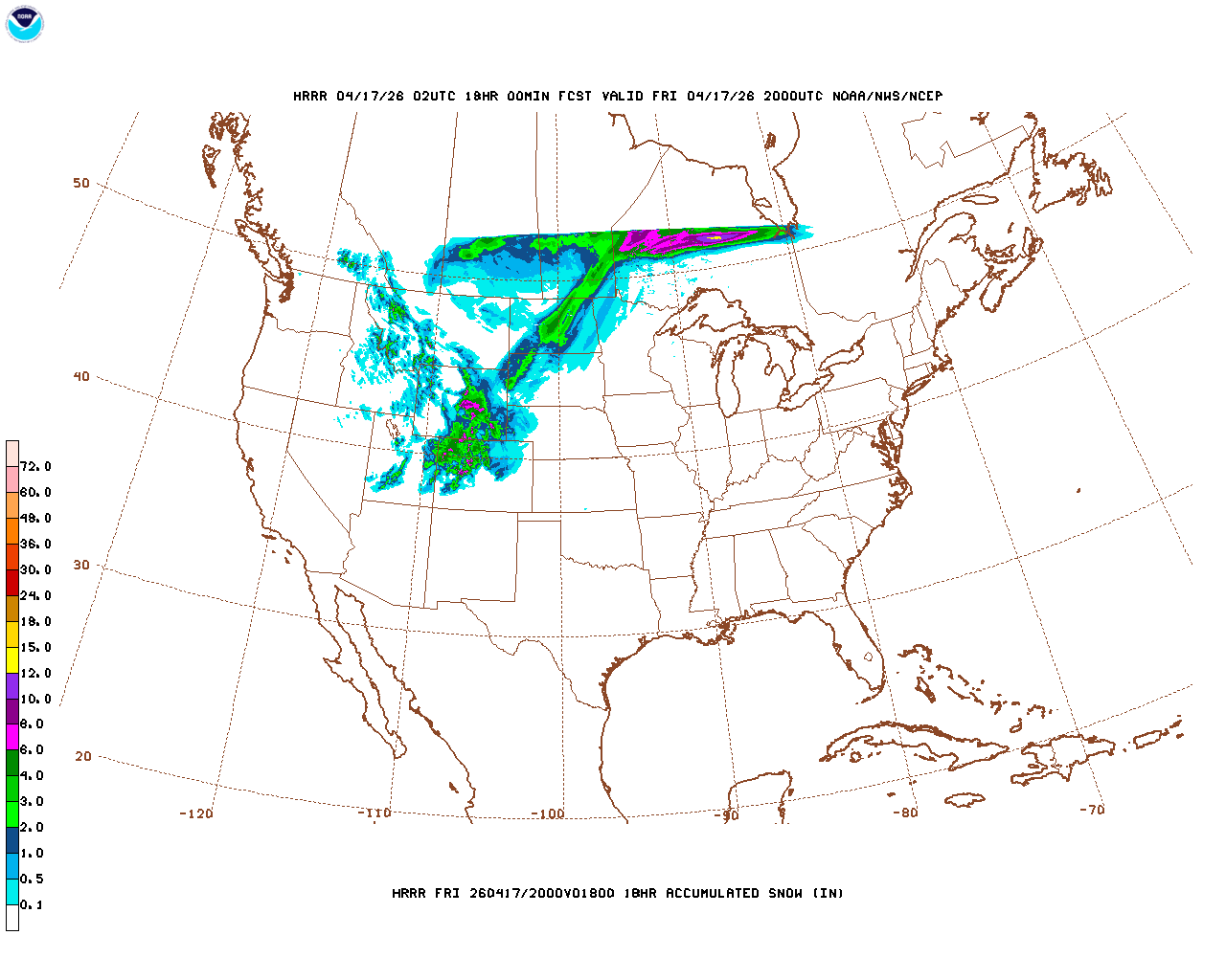 Click to enlarge the hourly snow forecast Latest 18 hour total precipitation forecast