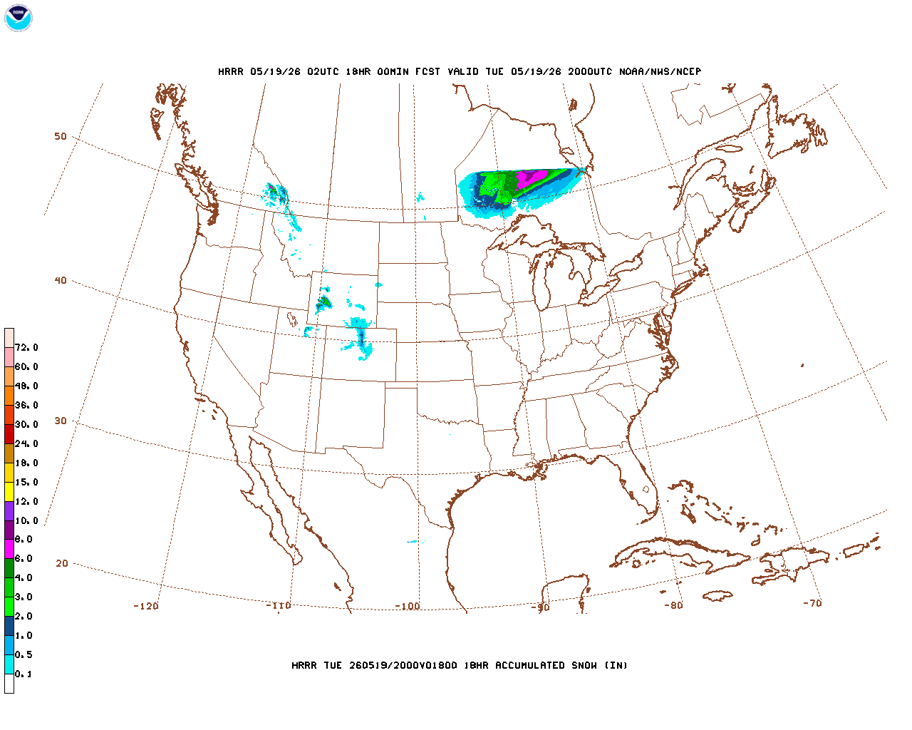 Click to enlarge the hourly snow forecast Latest 18 hour total precipitation forecast