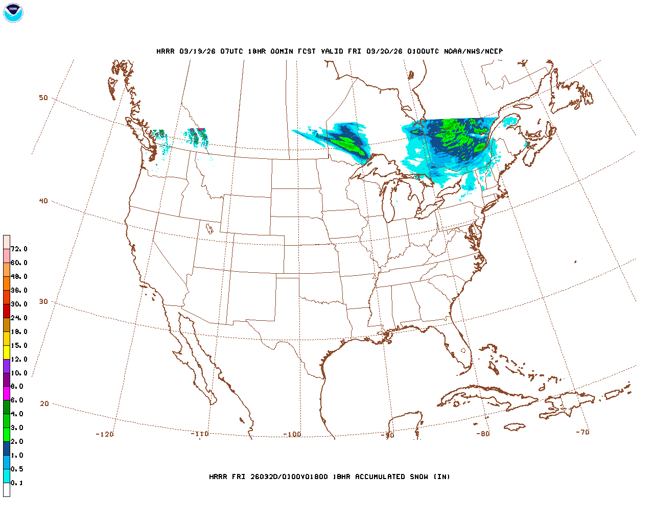 Click to enlarge the hourly snow forecast Latest 18 hour total precipitation forecast