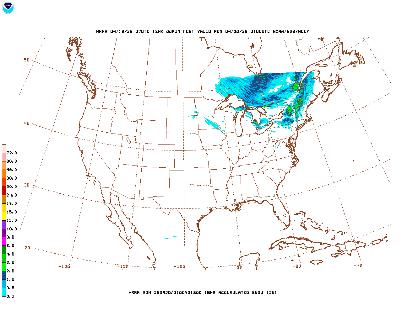 Click to enlarge the hourly snow forecast Latest 18 hour total precipitation forecast