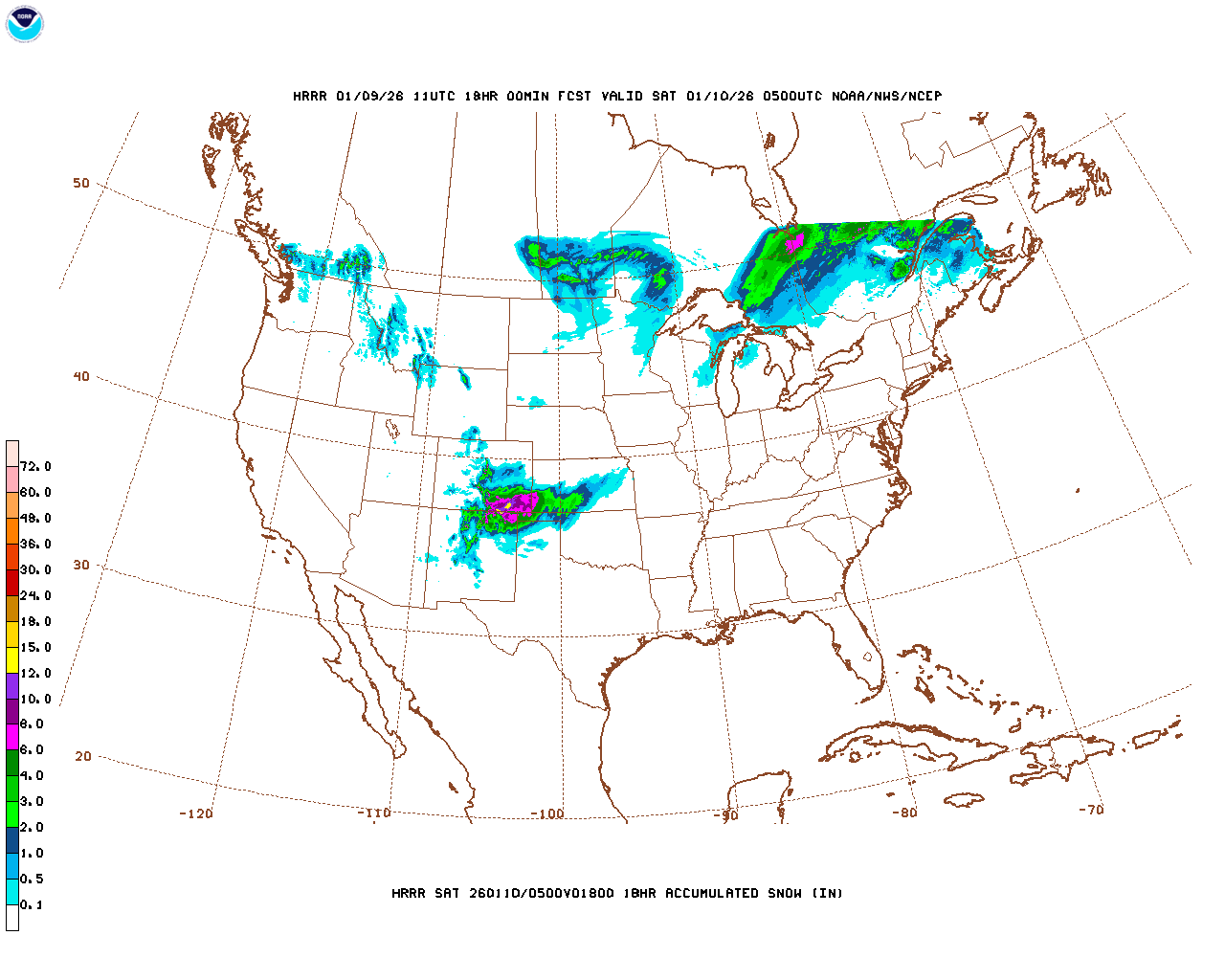 Click to enlarge the hourly snow forecast Latest 18 hour total precipitation forecast