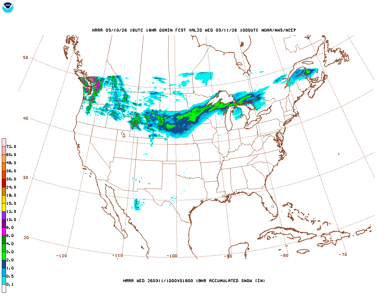 Click to enlarge the hourly snow forecast Latest 18 hour total precipitation forecast