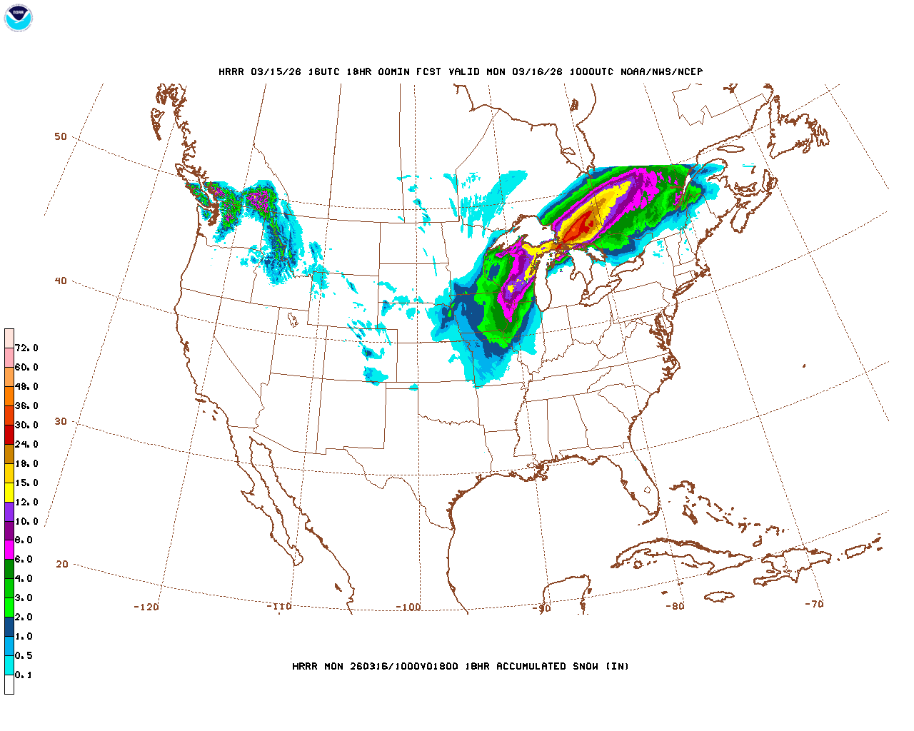 Click to enlarge the hourly snow forecast Latest 18 hour total precipitation forecast