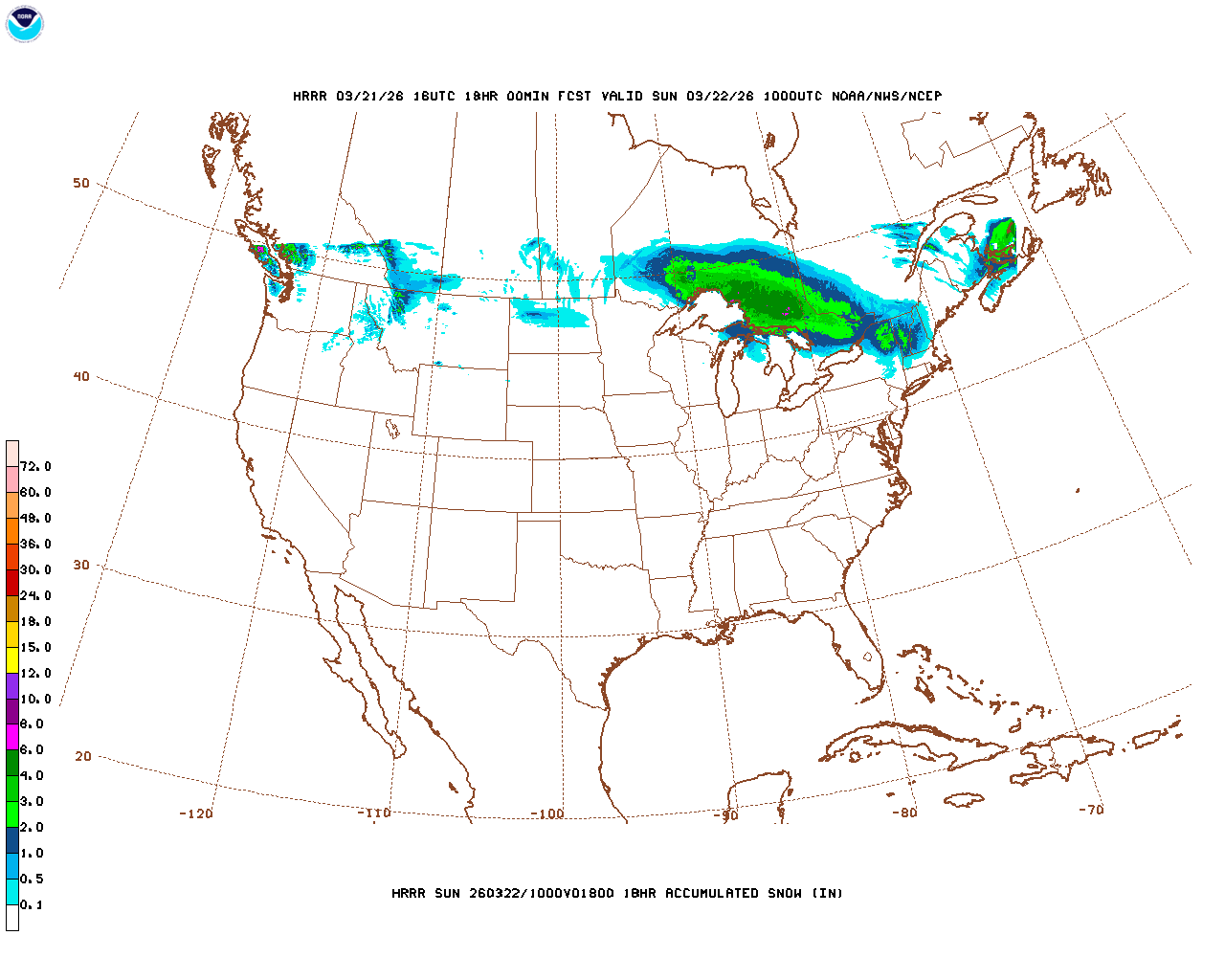 Click to enlarge the hourly snow forecast Latest 18 hour total precipitation forecast