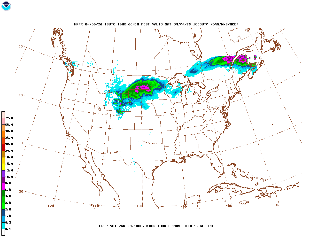 Click to enlarge the hourly snow forecast Latest 18 hour total precipitation forecast