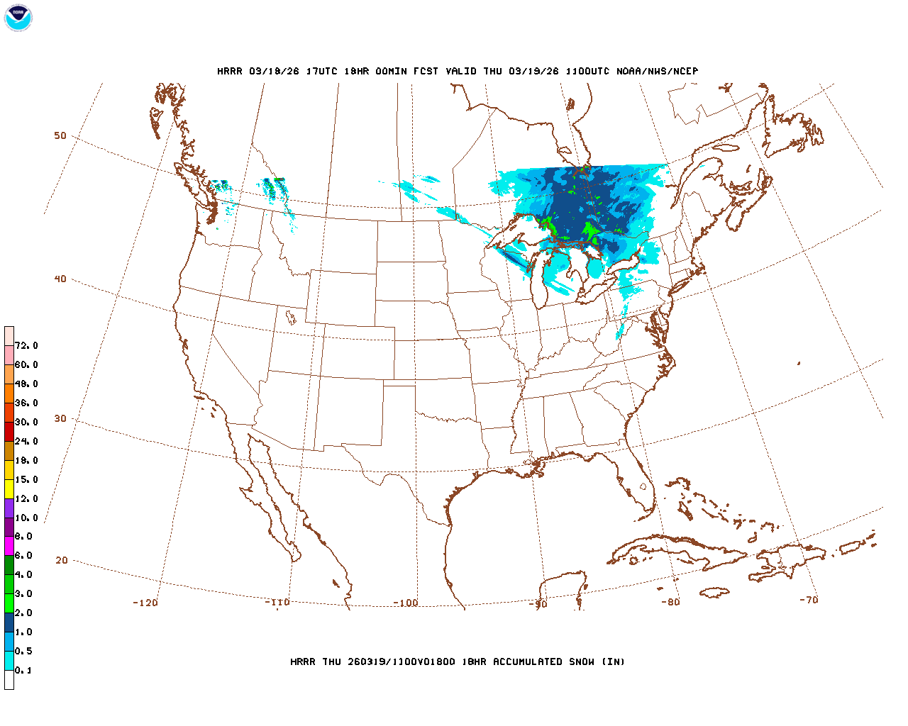 Click to enlarge the hourly snow forecast Latest 18 hour total precipitation forecast