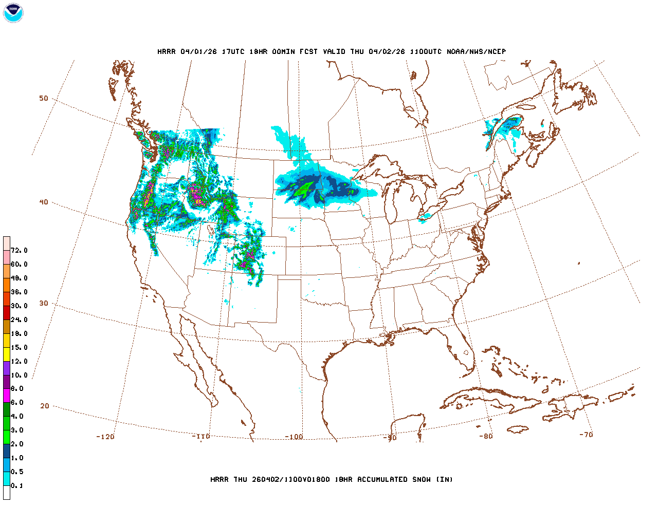 Click to enlarge the hourly snow forecast Latest 18 hour total precipitation forecast