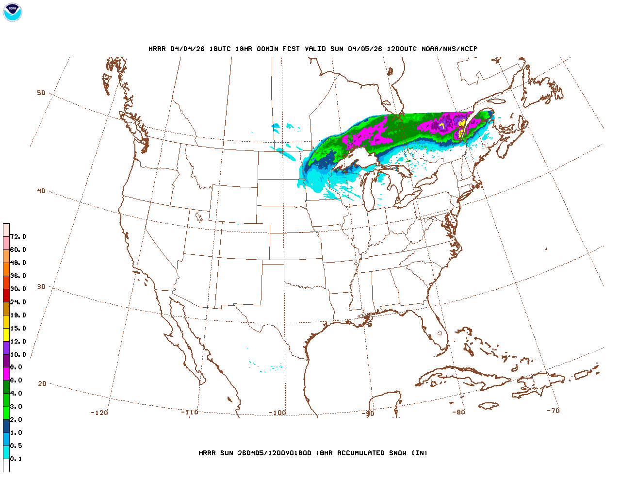 Click to enlarge the hourly snow forecast Latest 18 hour total precipitation forecast