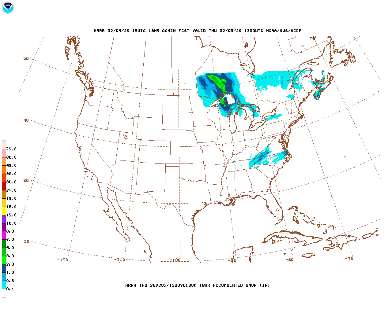 Click to enlarge the hourly snow forecast Latest 18 hour total precipitation forecast