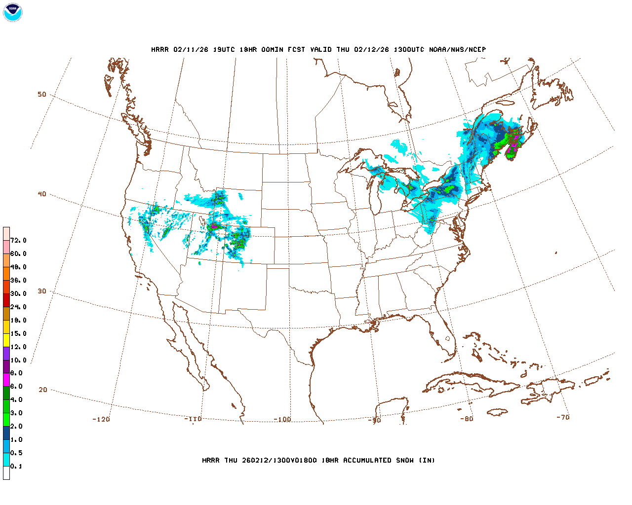 Click to enlarge the hourly snow forecast Latest 18 hour total precipitation forecast