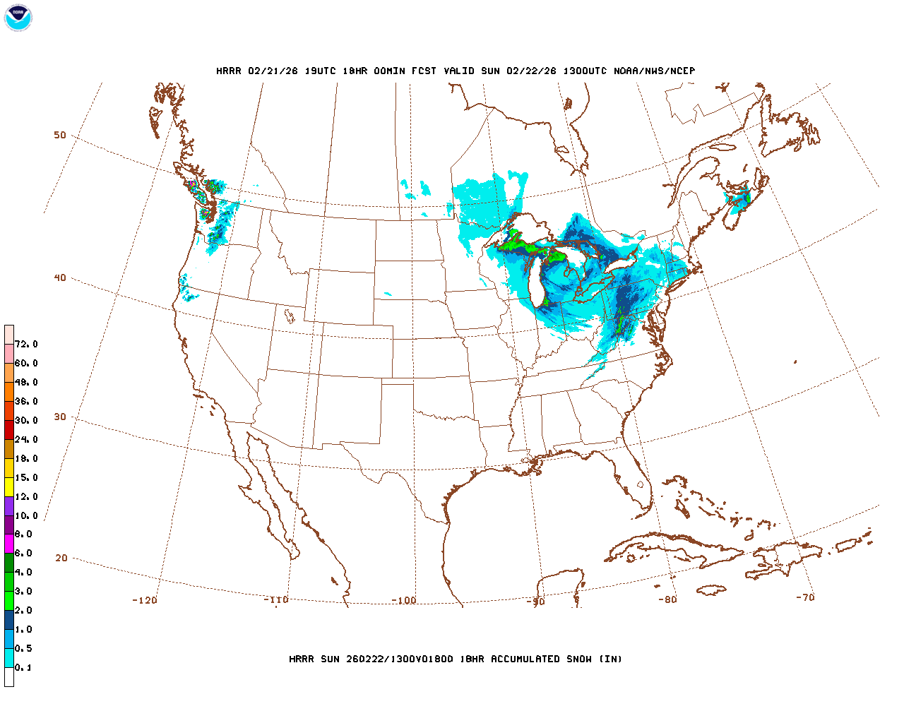 Click to enlarge the hourly snow forecast Latest 18 hour total precipitation forecast