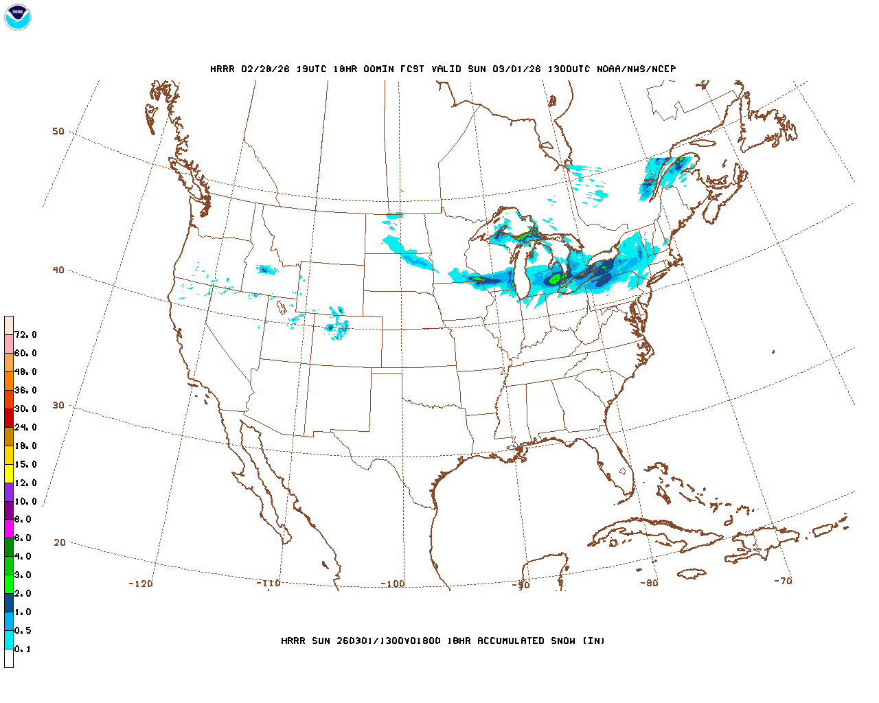 Click to enlarge the hourly snow forecast Latest 18 hour total precipitation forecast