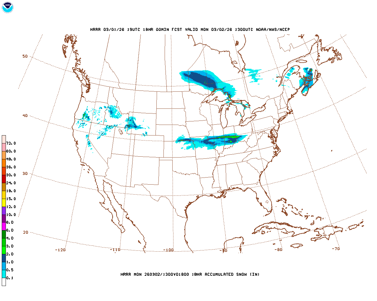 Click to enlarge the hourly snow forecast Latest 18 hour total precipitation forecast