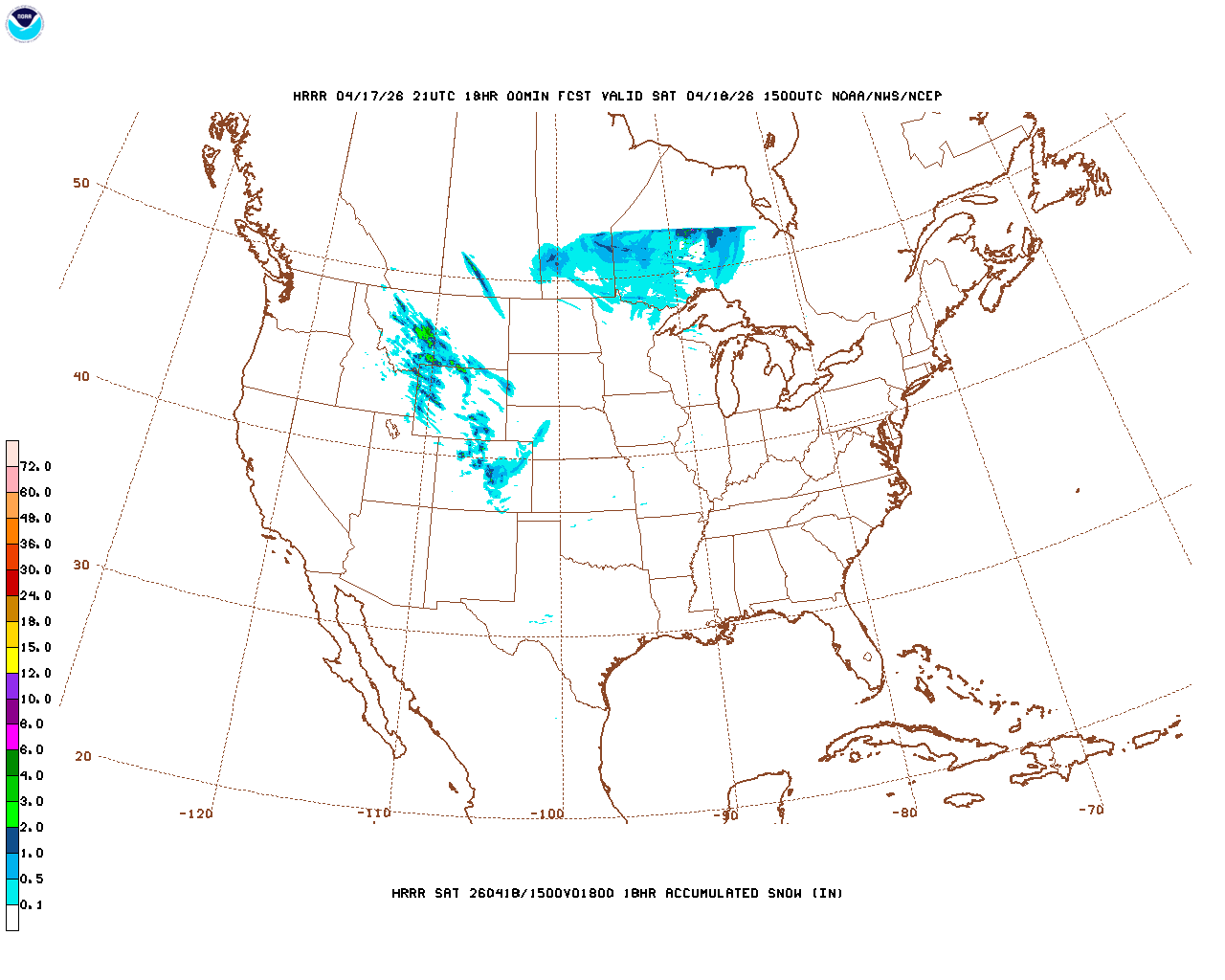 Click to enlarge the hourly snow forecast Latest 18 hour total precipitation forecast