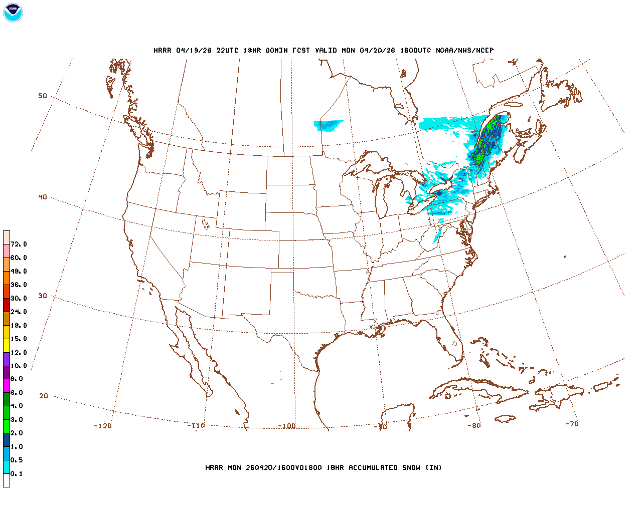 Click to enlarge the hourly snow forecast Latest 18 hour total precipitation forecast